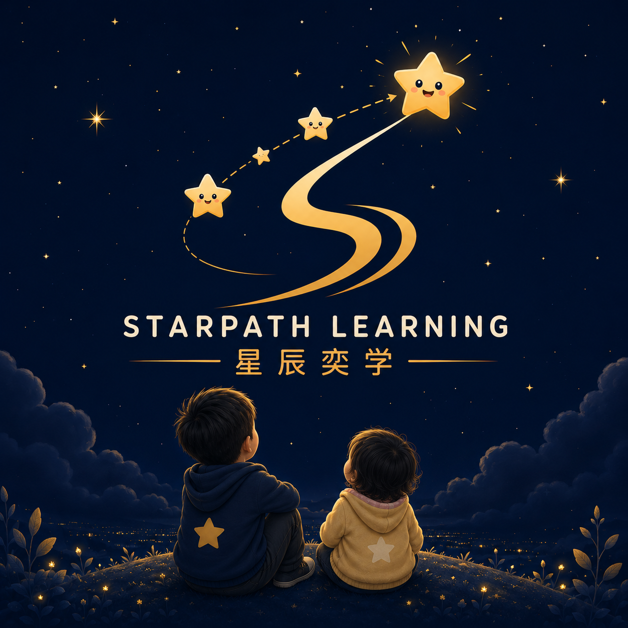 Two children looking at the StarPath Learning stars in a night sky