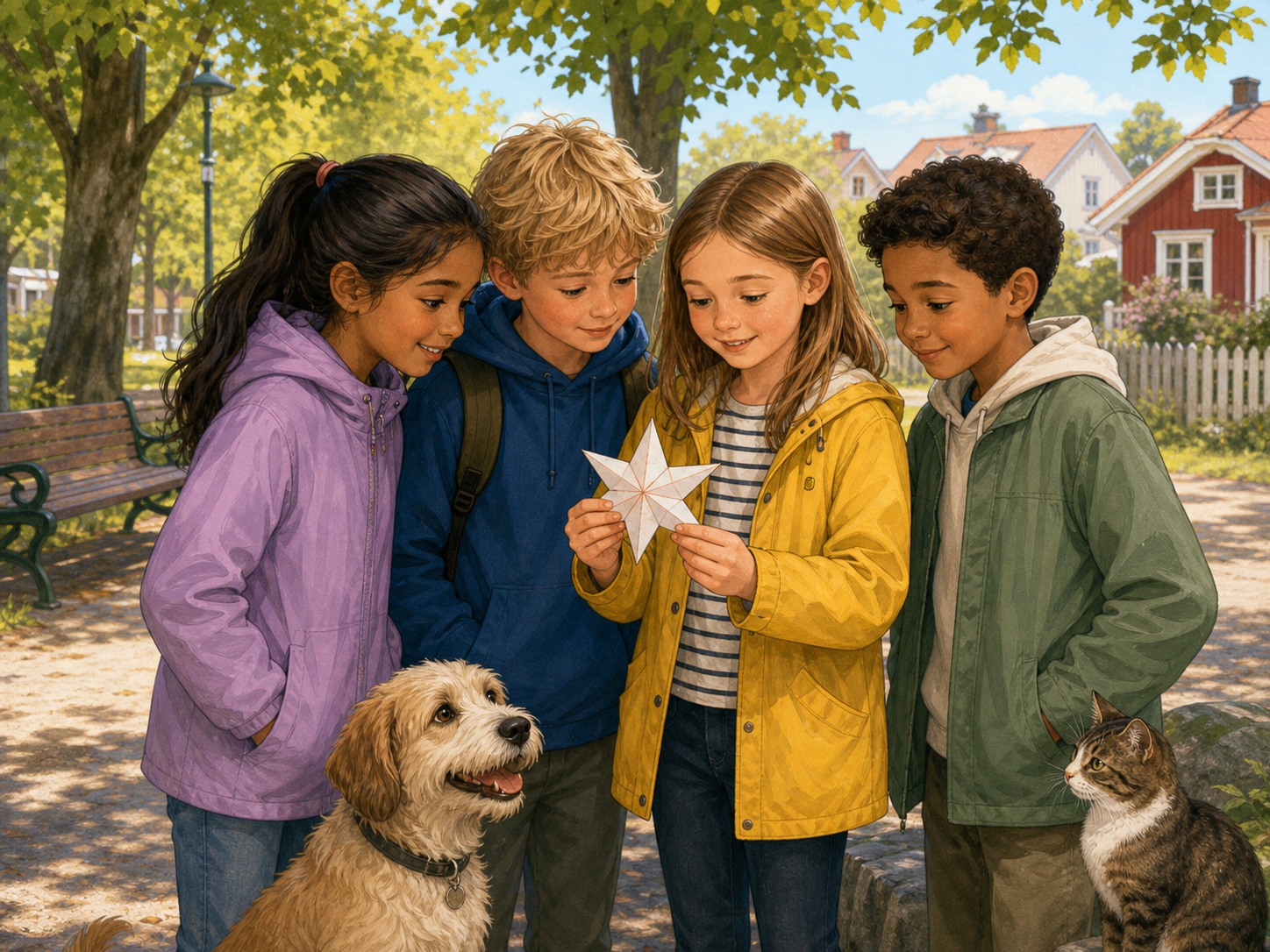 Four children with a dog and a cat examine a paper star on a Swedish park path
